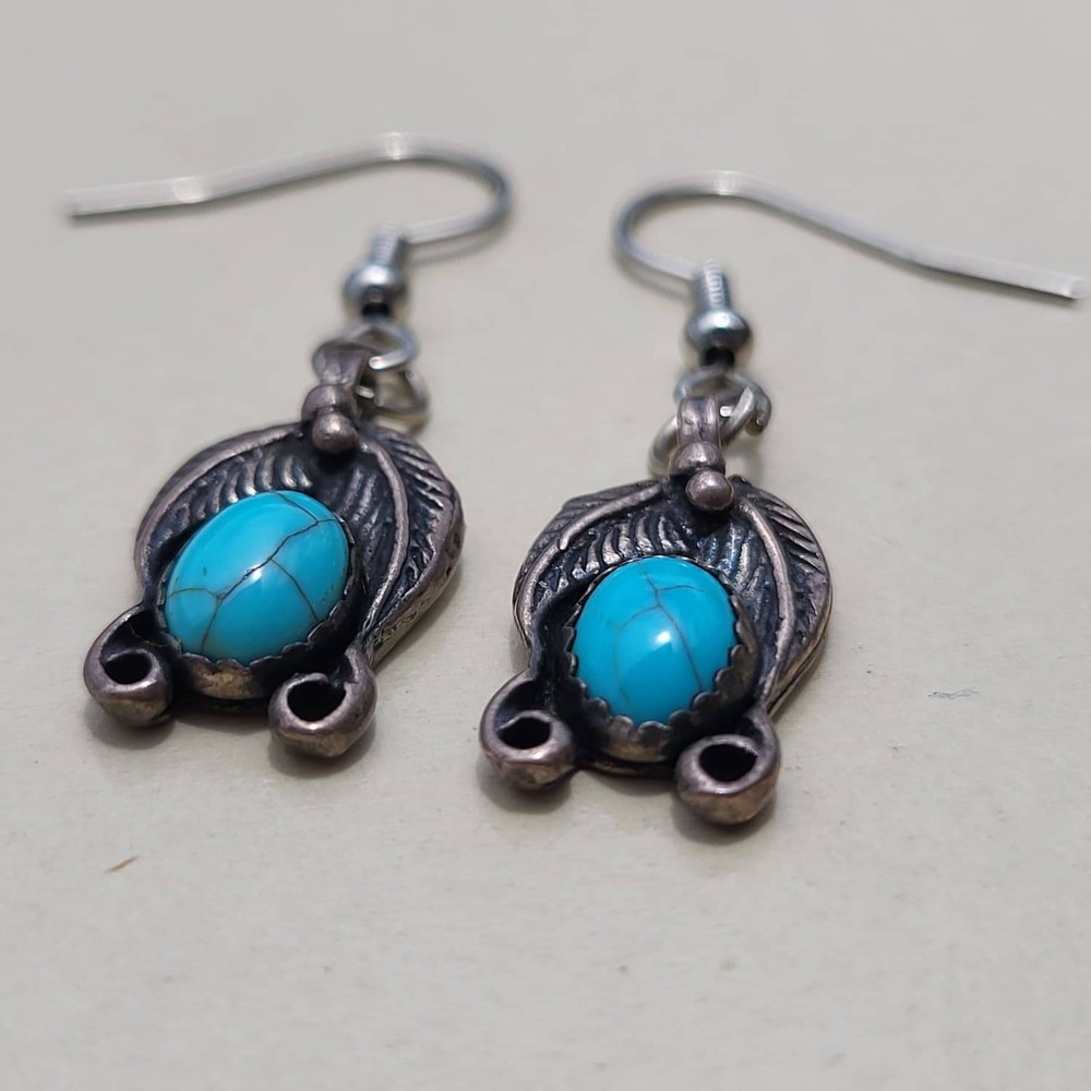 Vintage 925 Sterling Silver Turquoise Dangle Earrings Blue Southwestern Feather - Picture 4 of 8